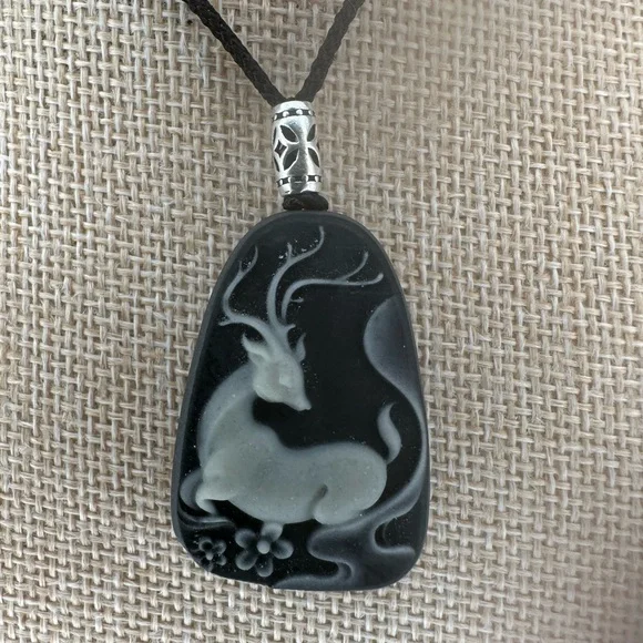 Tai Chi Stone Deer Pendant Necklace, Sterling Silver Accent on Adjustable Rope - Picture 2 of 9